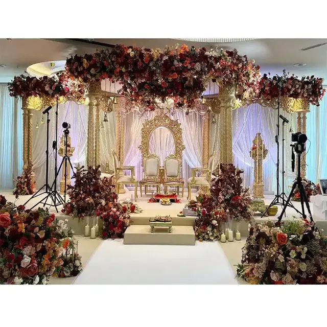 Estilo único interior boda madera Mandap atractivo boda tallado a mano madera Mandap Gujarati boda Triple poste Mandap