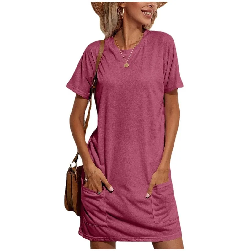 Gran oferta de vestidos casuales para mujer con bolsillos dobles sueltos cuello redondo Camiseta vestido faldas