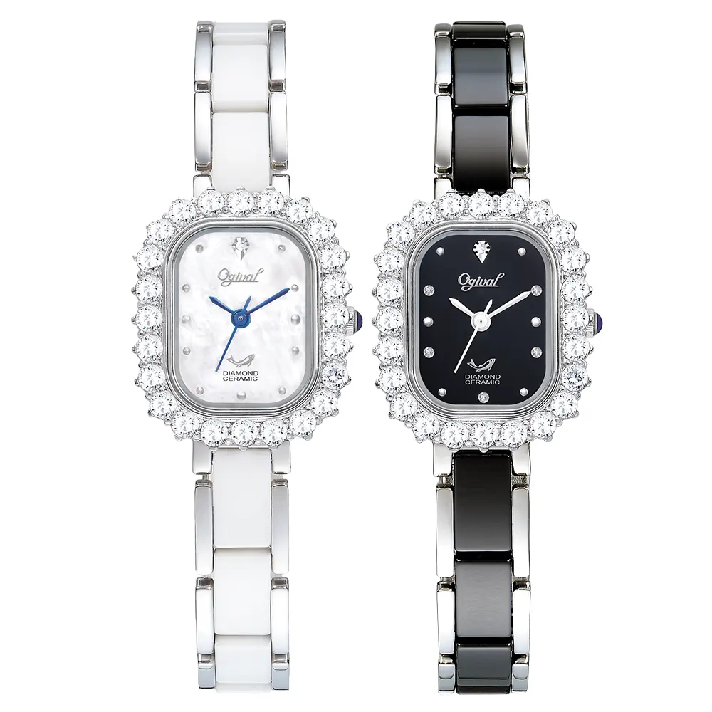 Montre de marque Ogival Rose Céramique Diamant Saphir Cristal Miroir Acier Inoxydable Mouvement Suisse Montre À Quartz pour Femmes