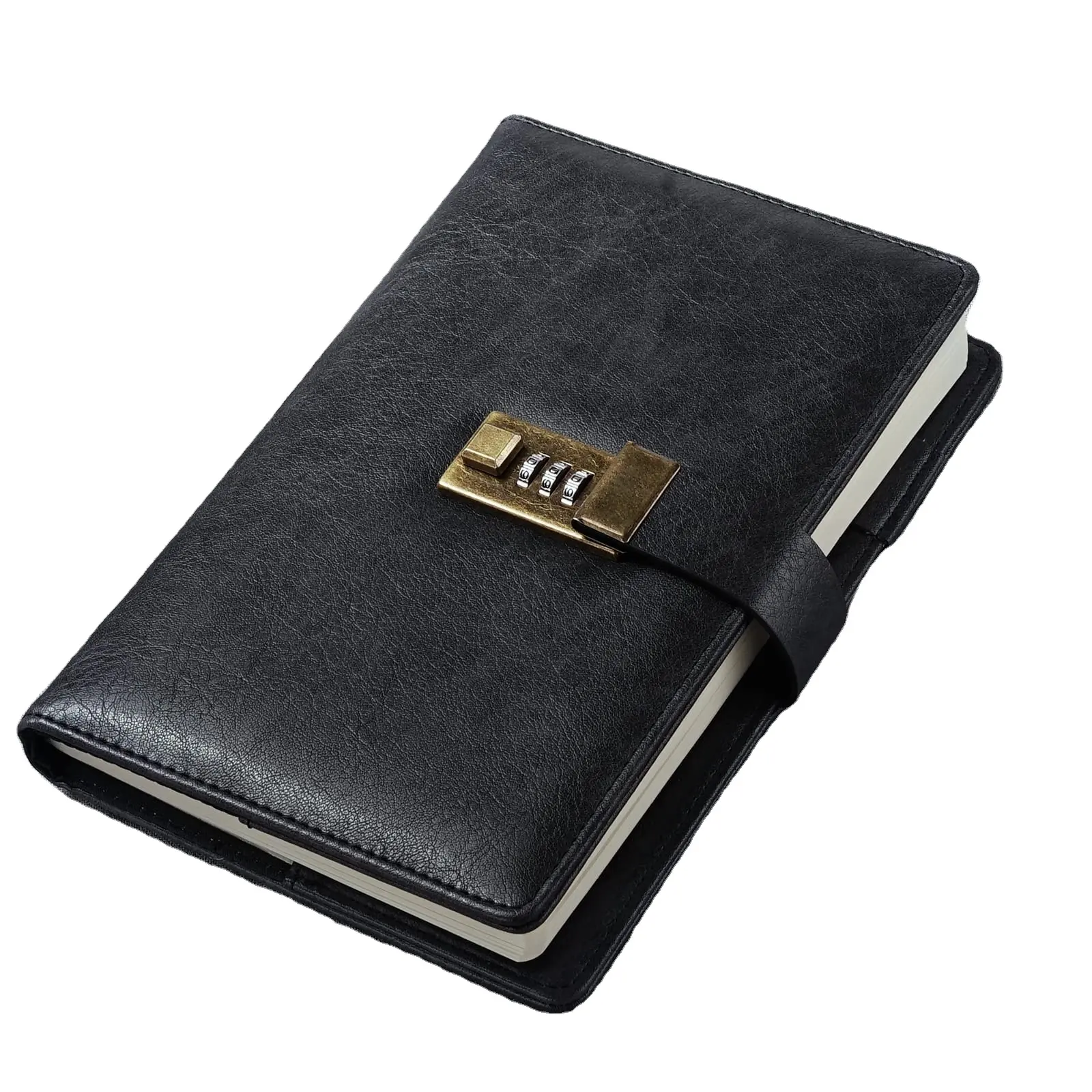 Simple negro PU cuero contraseña bloqueo Notebook A5 diario con cerradura de combinación y portalápices