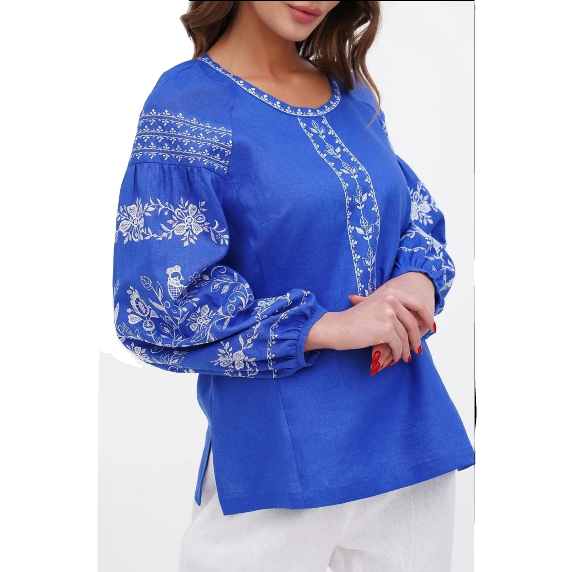 Lino de alta calidad azul ucraniano bordado vyshyvanka blusa bordado naranja bohemio étnico camisa Boho chic