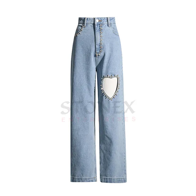 Été Nouveau Bleu Lavé Rhinestone Hollow-out Love Design Straight Jeans Figure Flattering Mopping Pants