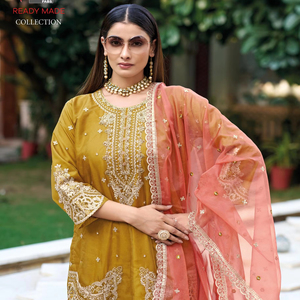 Organza Gharara Set With Boring &amp; Kasak Khatli Work, Embroidered Organza Dupatta With Lace, and Front-Back Work Sharara Bottom - Product Image 1