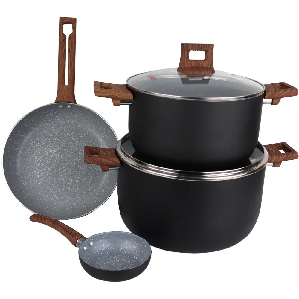 Chef Best Kitchen Ware Set di pentole nordico/antiaderente con manici in legno (4 pezzi) Set cucina in alluminio-nero 2022 Best seller