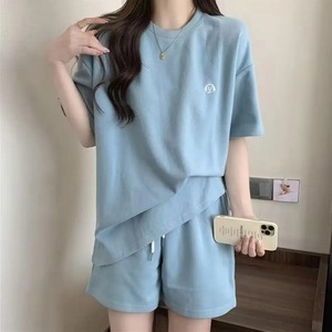 女性用女性用スポーティなトラックスーツセットハイウエスト半袖Tシャツドローストリング付き弾性ウエストショーツ女性用