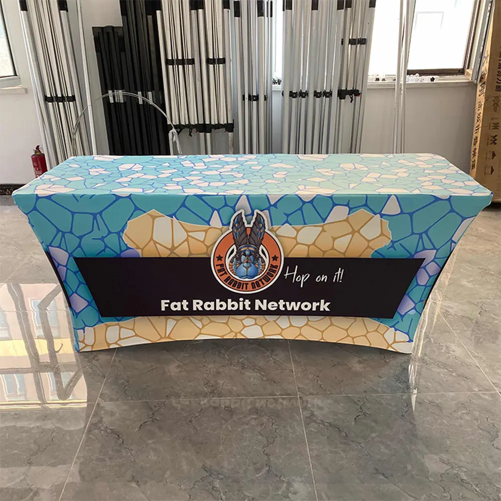 Mantel de mesa con logotipo de impresión personalizado, mantel de mesa elástico ajustado personalizado para eventos de negocios