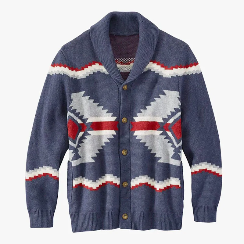 पुरुषों के लिए कस्टम फैशन कैज़ुअल स्लिम उच्च गुणवत्ता 2024 विंटर नेवी ब्लू एज़्टेक जेकक्वार्ड लंबी आस्तीन स्वेटर कार्डिगन जैकेट