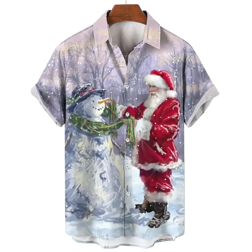 Camicie con stampa di Babbo Natale 3D da uomo alla moda con modello di pupazzo di neve abbigliamento natalizio camicetta Casual a maniche corte con risvolto largo