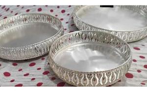 Diwali Return Gifts German <strong>Silver</strong> <strong>Plated</strong> Dry Fruit Dish Chocolate Cake Serving <strong>Tray</strong> with Enamel - Product Image 3