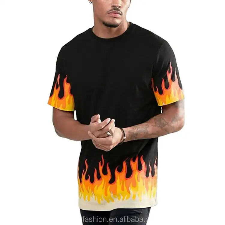 Achats en ligne meilleure qualité à manches courtes t-shirt personnalisé impression flamme impression ourlet et manchette t-shirt