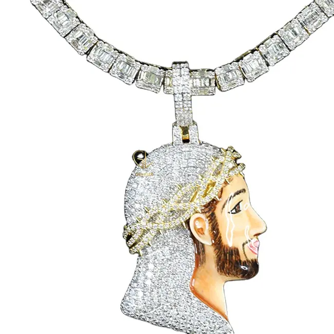 Nuovo Design Moissanite diamante ghiacciato grande corona croce pendente in smalto di gesus con catena a maglie da Tennis da uomo in argento 925