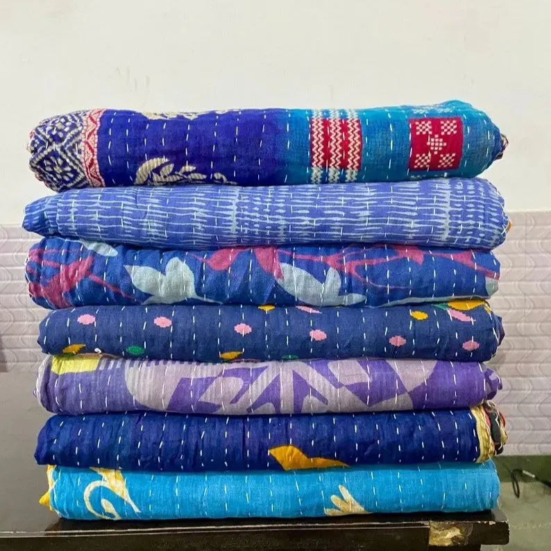 Colcha Kantha feita à mão em algodão cor azul, colcha vintage, colcha Sari antiga Sundance Kantha de tecido reciclável
