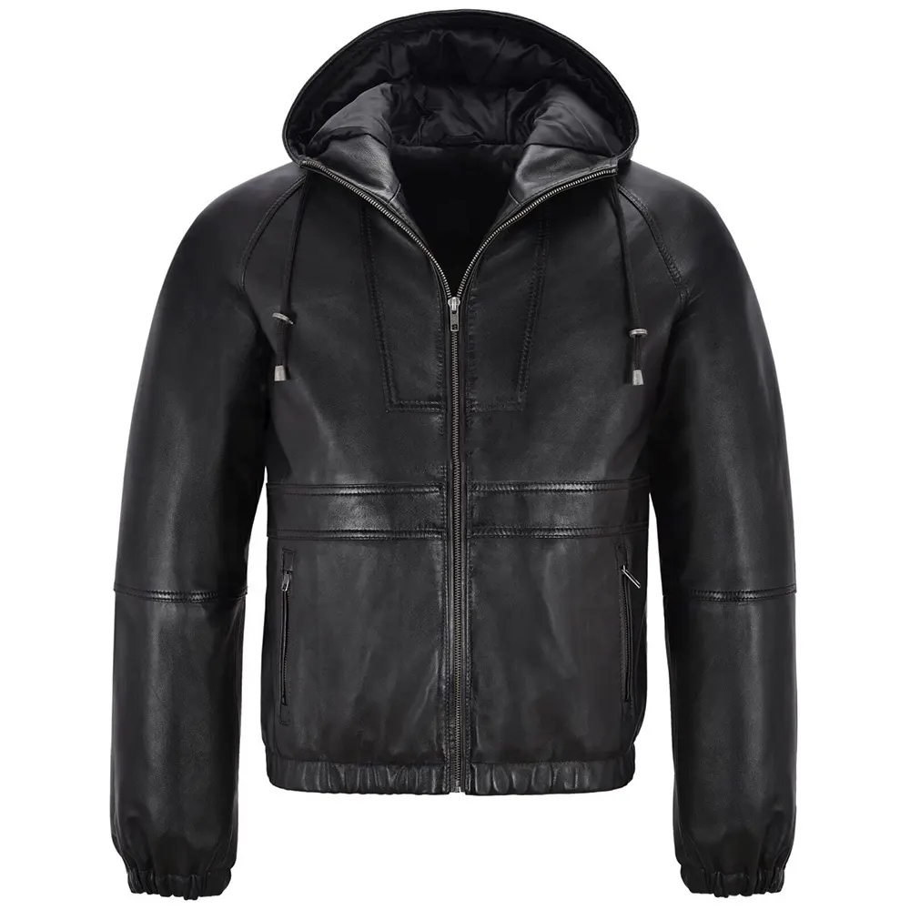 Herren Black Hooded Jacket in echtem schwarzem Schaffell Lederjacke Style Winter Hooded Leather Jacket Style