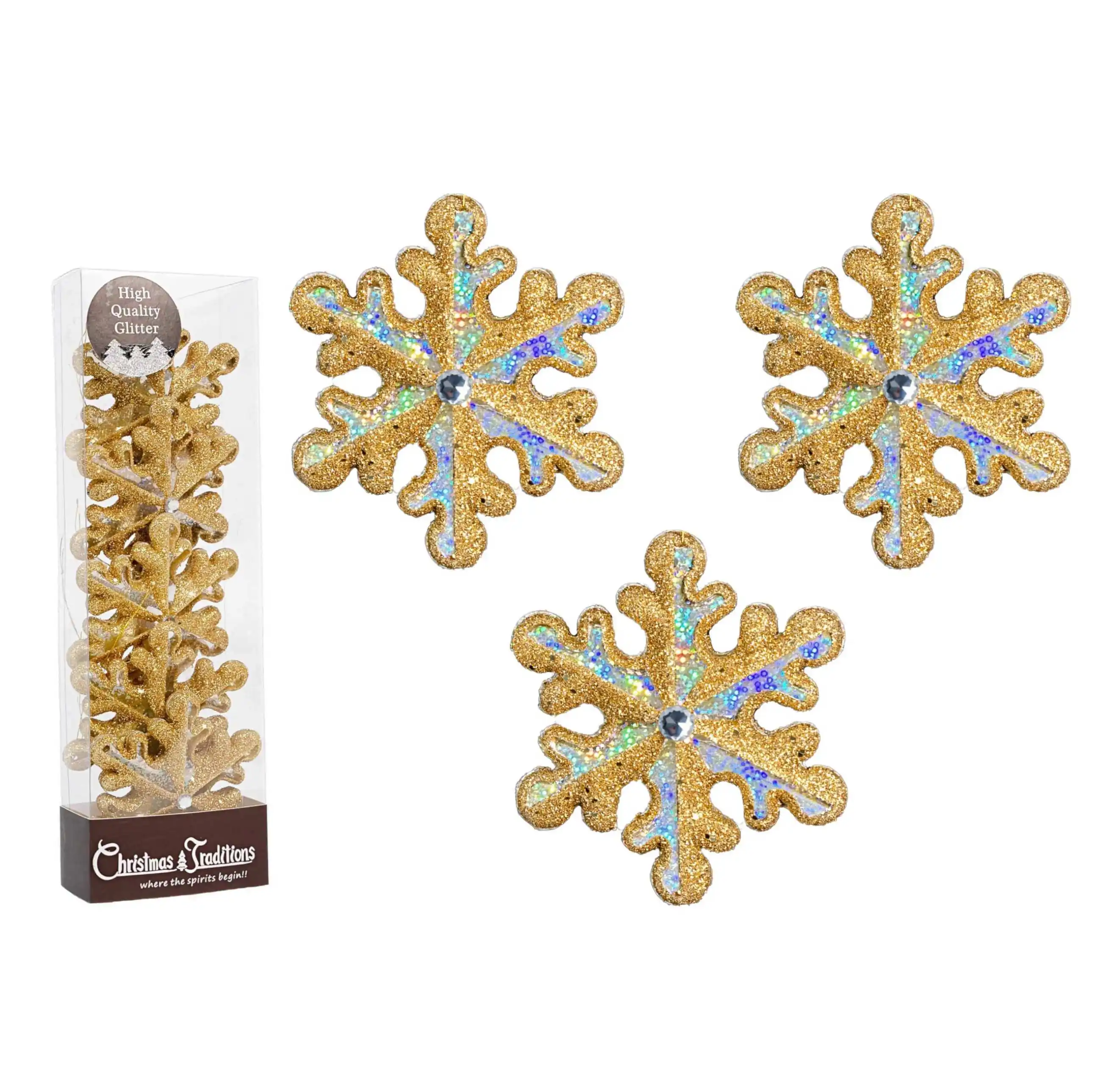 OEM ODM 4 inch Glittered Filigree Snowflake Ornaments Hanging Tree Decorations (Set of 5) (Gold Holographic)