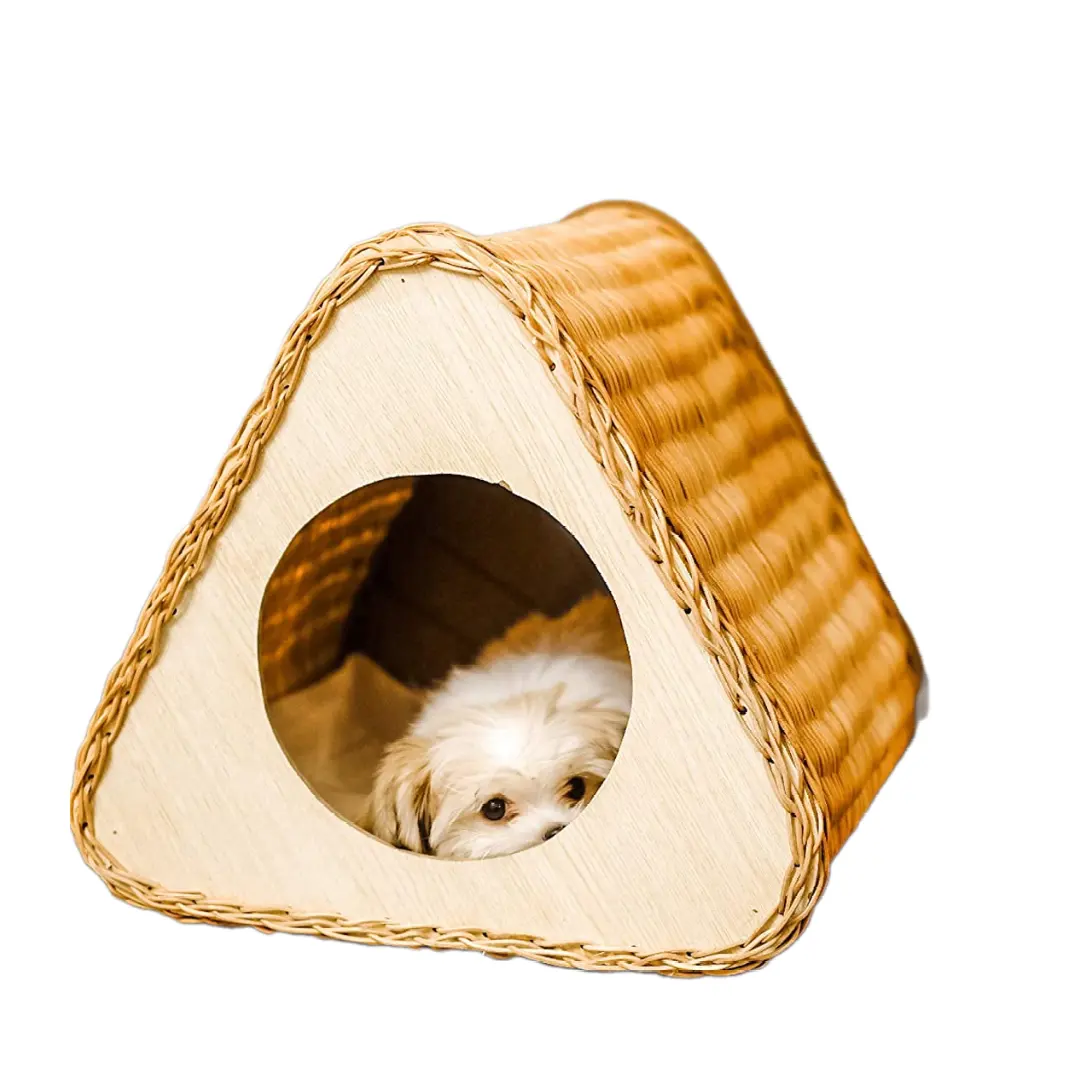 Hot Style Triangle Shape Rattan Wooden Pet House For Small Dogs & Cats Wicker Pet Beds With Sleeping Made In Vietnam