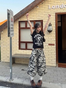 女式多口袋白色迷彩七分裤男女通用风格宽腿小腿长裤女高腰长裤