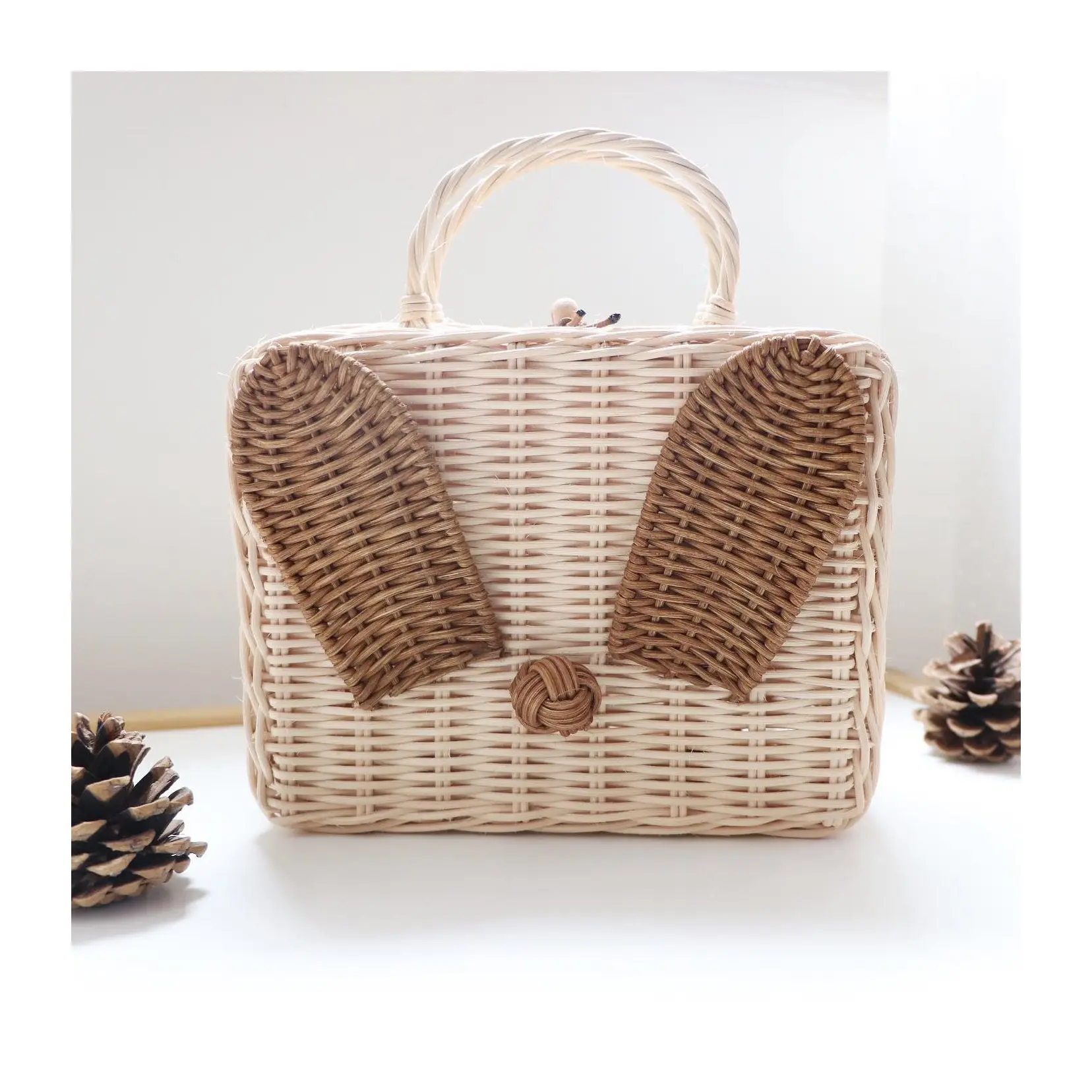 Nique style-Mini maleta de ratán con orejas de conejo para niños, bolso de viaje tejido con forma de conejo