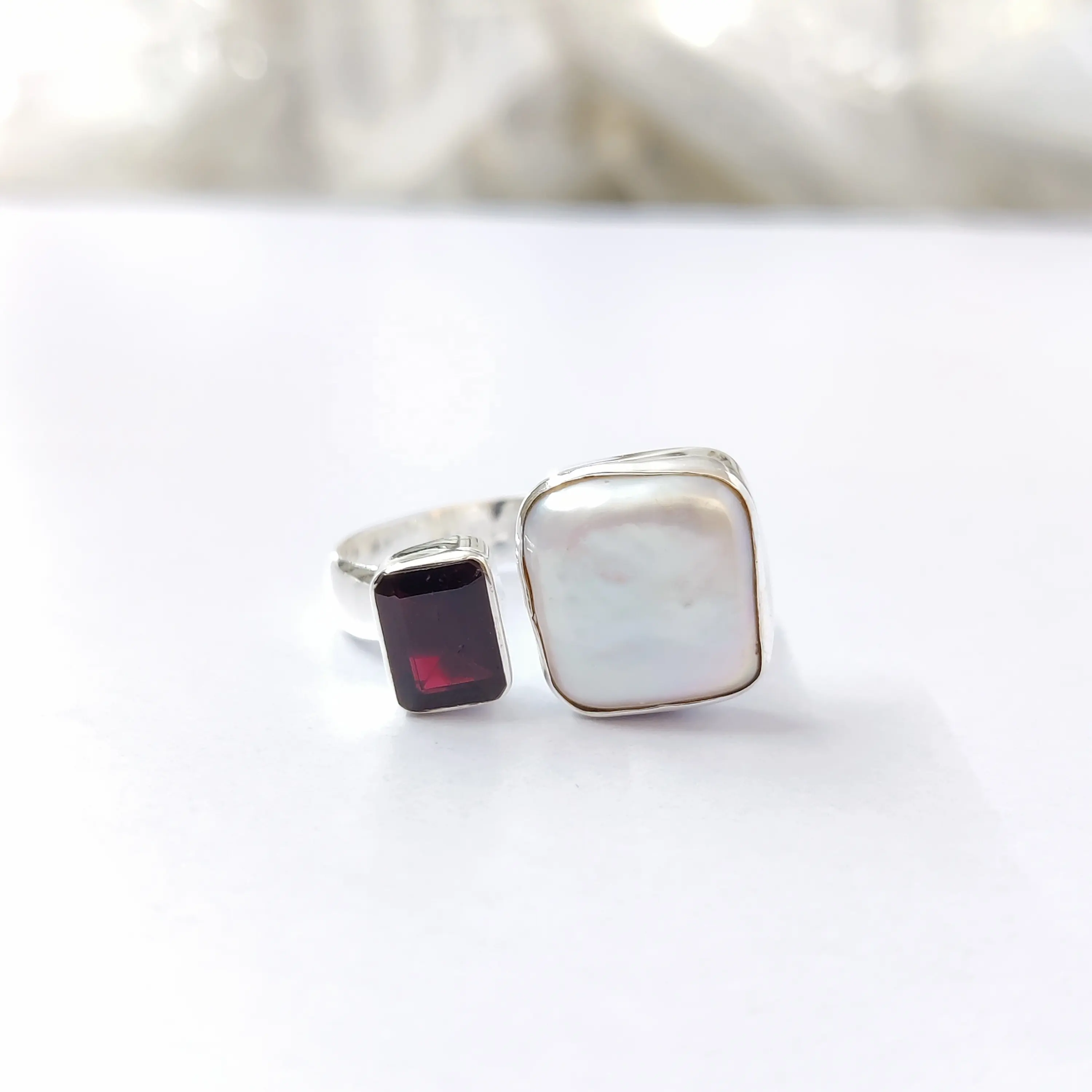 Cincin mutiara dan Garnet perak, cincin mutiara dapat diatur, cincin perak ringan