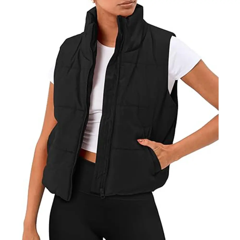 Noir brillant femmes bouffant rembourré sans manches gilet veste fermeture à glissière avec ceinture adulte fille gilet