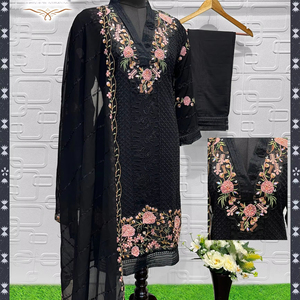 优雅的重刺绣乔其纱顶部刺绣生丝底部Shalwar Kameez 4色Dupatta成人印度婚纱