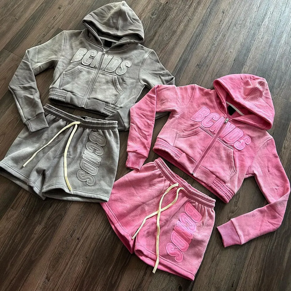 Hai Mảnh Phụ Nữ Quần Áo Cotton Được Trang Bị Dây Kéo Ngắn Tracksuit Thêu Vá Sweatsuits Cắt Áo Và Quần Short Bộ Womens