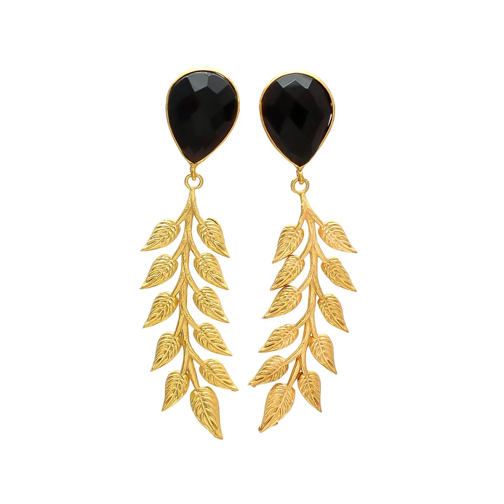 Party Wear Golden Leaf's Drop Earrings with Black Onyx Gemstone for Woman and Girls