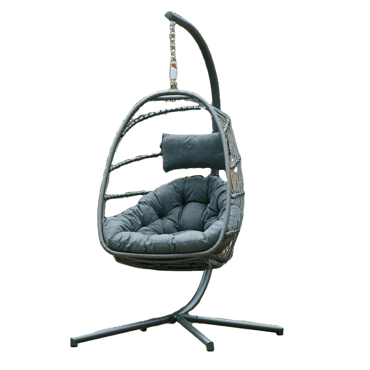 Personnalisé lune meubles de jardin oeuf en osier gris coussin rotin balançoire chaise suspendue avec support en métal