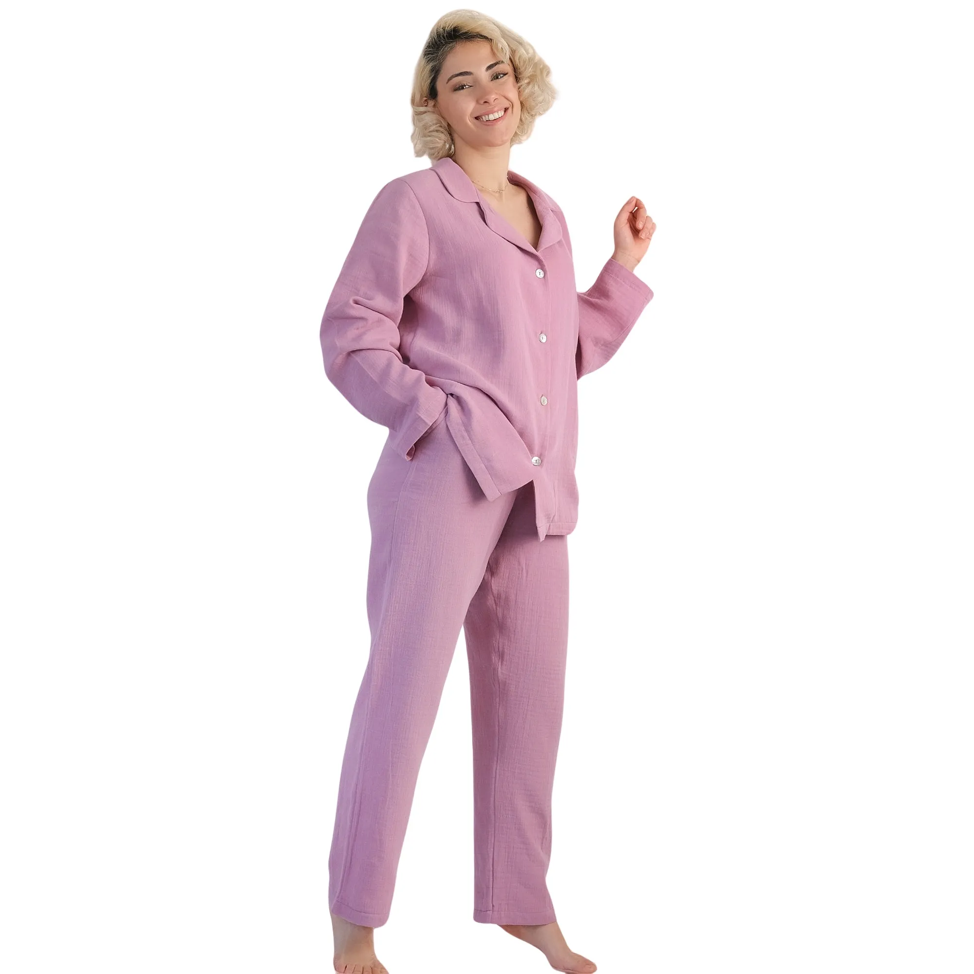 Hongbo fabriqué en turquie pyjamas en mousseline chic pyjamas ensembles pour femmes hauts courts pantalons maison décontracté doux pyjamas ensemble