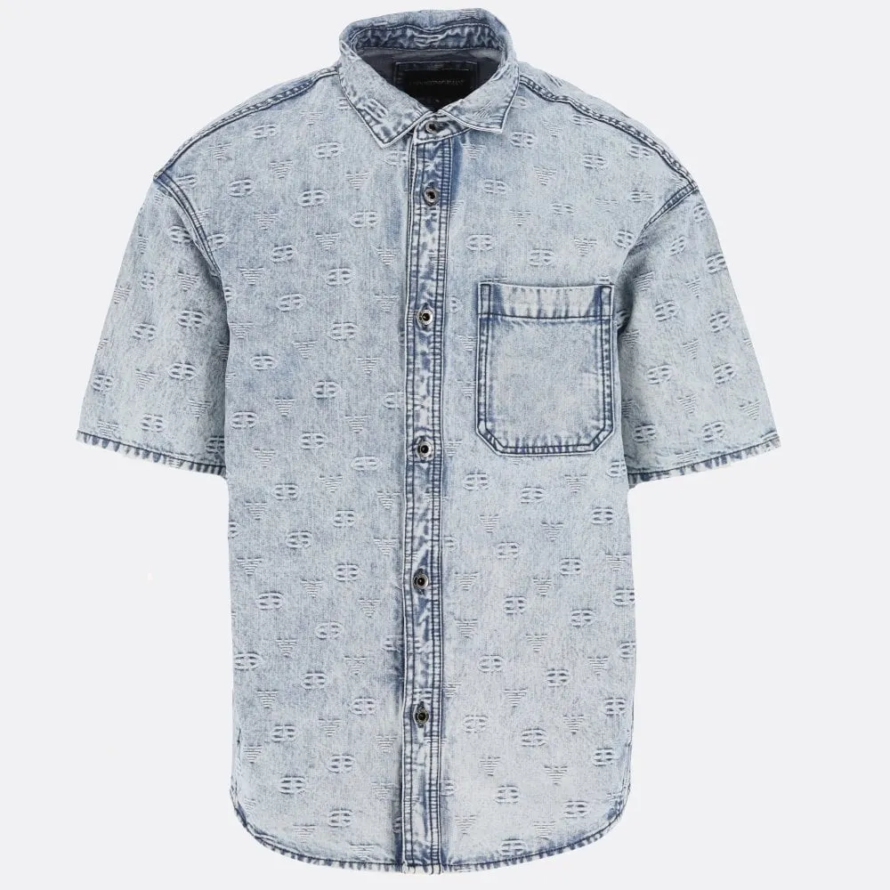 Light Blue Oversized Denim Shirt Printing Customize Short Sleeve Shirt For Men Formal Casual Shirts Oem