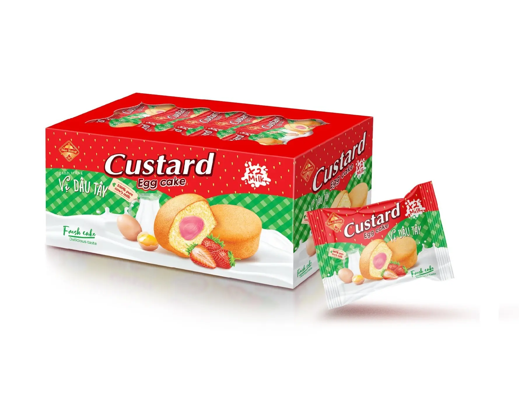 Torta morbida alla crema pasticcera con ripieno di crema all'uovo-gusto fragola-qualità Premium-Made in Vietnam in semi box - 195g