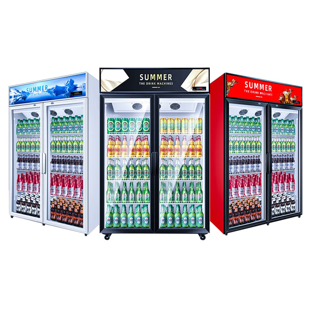 Rebirth OEM O melhor refrigerador vertical de vidro comercial de duas portas e porta única Vitrine de três portas para bebidas