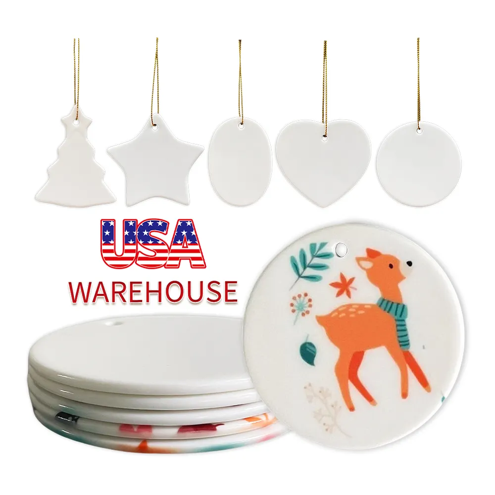Ornamento de Navidad para sublimación en blanco, discos de cerámica, ornamento con cuerda dorada, prensa de calor por sublimación, almacén de EE. UU.