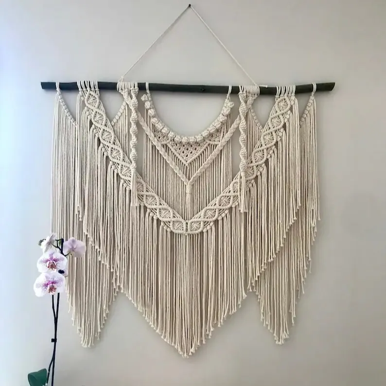 Macramé grande hecho a mano con madera Natural, colgante de pared, Mural bohemio de macramé para decoración del hogar de fábrica, 100%