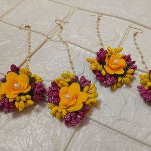黄色の花Maang <span class=keywords><strong>Tikka</strong></span>セットHaldi Mehendi Wedding | インドの花嫁介添人フラワージュエリー | ブライダルリターンギフト好意サプライヤー