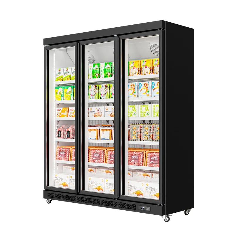2.2m 높이 유리문이있는 원격 와이드 멀티 데크 오픈 냉각기 냉동 장비 슈퍼마켓 용 고기 냉장고