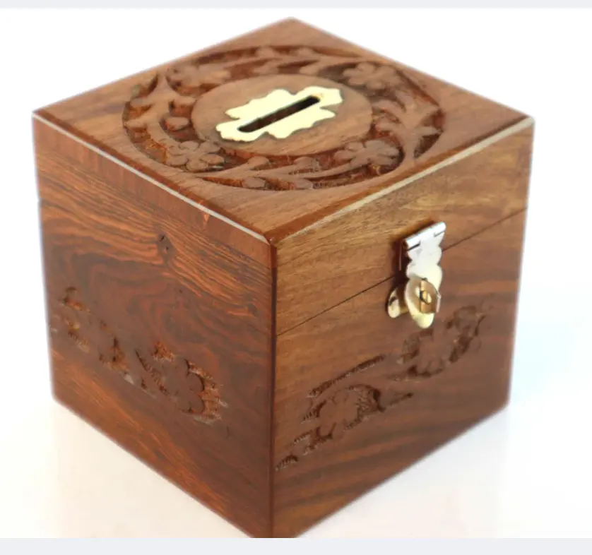 Hot Sale Wooden Craft Money Bank com Square Shape Money Box para crianças Decoração para casa Dando Presentes Coin Collection Box caixa de madeira