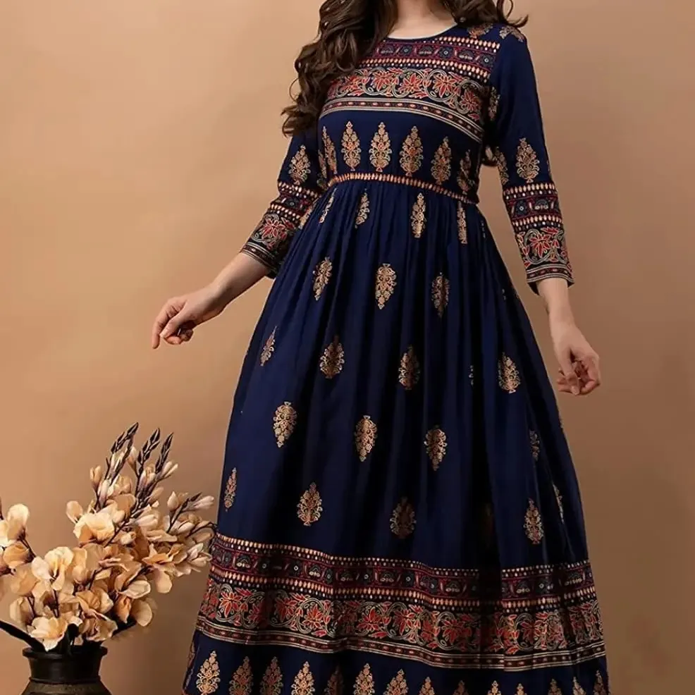 Kurti largo de rayón de viscosa india para mujer Ropa étnica Kurta indio Disponible a granel