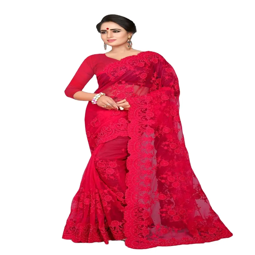 Красная и розовая одноцветная сетка и шифоновая ткань, дизайнерская новейшая длинная сетка Pallu, одежда для вечеринки, сари с необычной блузкой