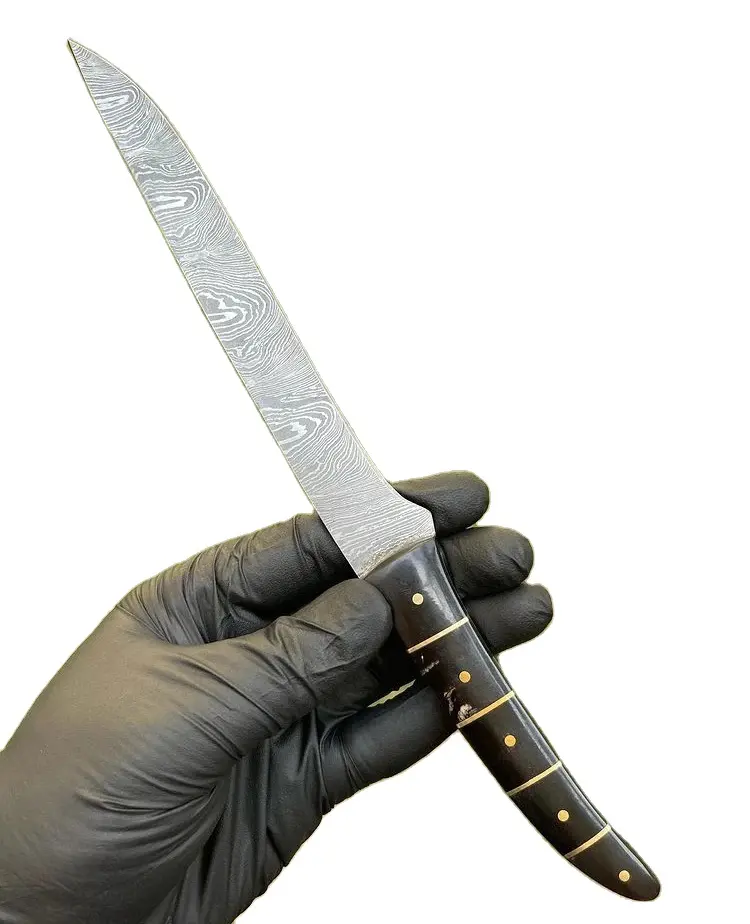مخصص اليدوية فيليه سكين دمشق الصلب فيليه سكين الصيد أداة مع مقبض أسود مع جلد غمد الحلاقة شارب