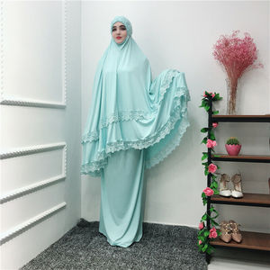 Ramadon系列祈祷两件套头巾Abaya连衣裙，带蕾丝设计Jilbaba Telekung