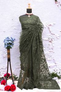 Beautiful Girls' Pakistani <strong>Sari</strong> Soft Net with Embroidered Viscose Thread Sequence Work for Weddings or Parties - Product Image 3