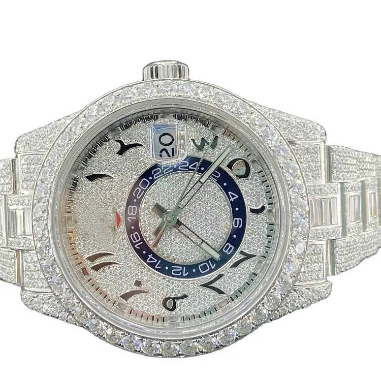Edición limitada Iced Out VVS Clarity Moissanite Diamond Studded Oyester Reloj analógico de acero inoxidable blanco completo al menos precio