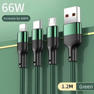 マルチ充電ケーブル3 in 1ナイロン編組マルチUSBケーブル複数充電器66W 6A携帯電話用高速充電コード - Product Image 6