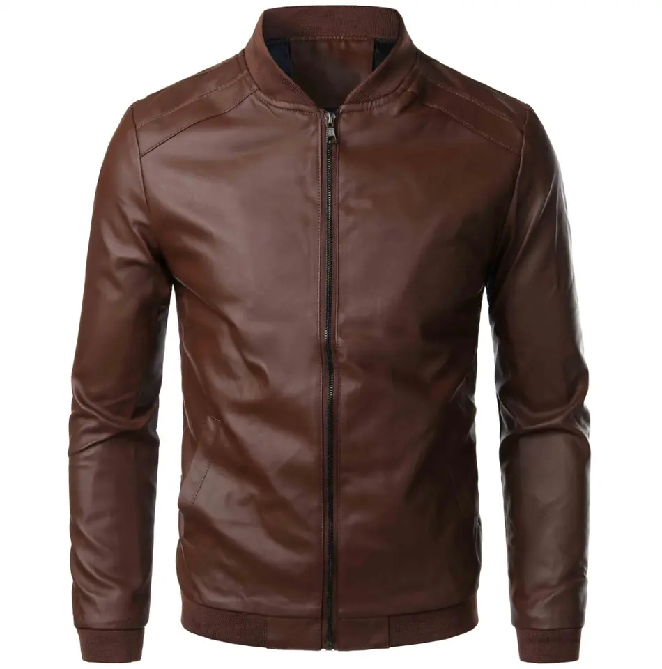 Jaqueta de couro sintético masculina, material de alta qualidade, couro marrom, motocicleta, bomber, casacos de couro
