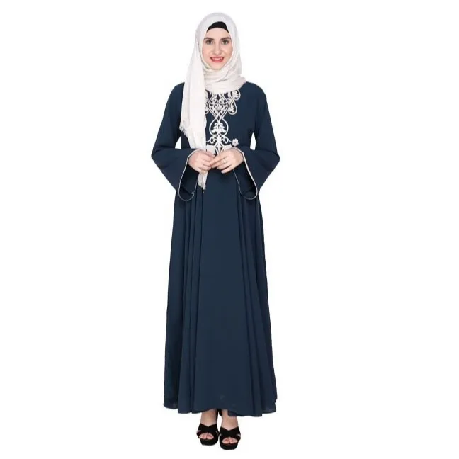 Flare Dubai Estilo Linho Modesto Abaya Moderno Causal Turquia Estilo Abaya frente Aberta Abaya Modesto Vestido Muçulmano Quente