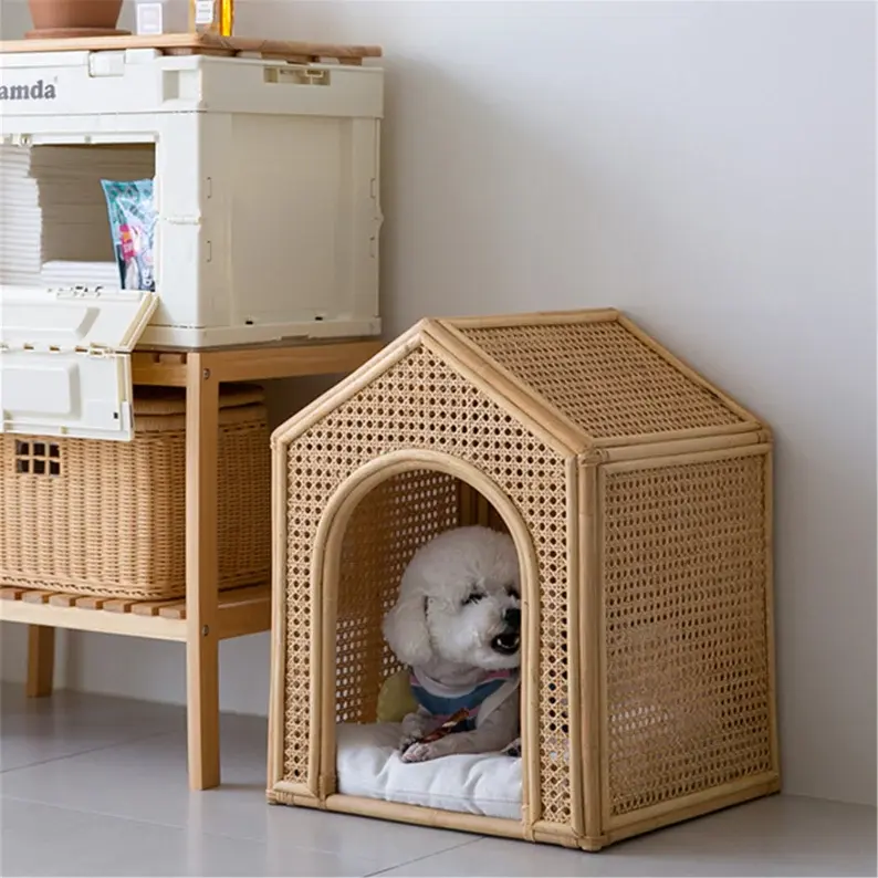 Chenil en rotin naturel fait à la main de haute qualité, de style japonais, avec tapis en coton, adapté aux petits animaux de compagnie