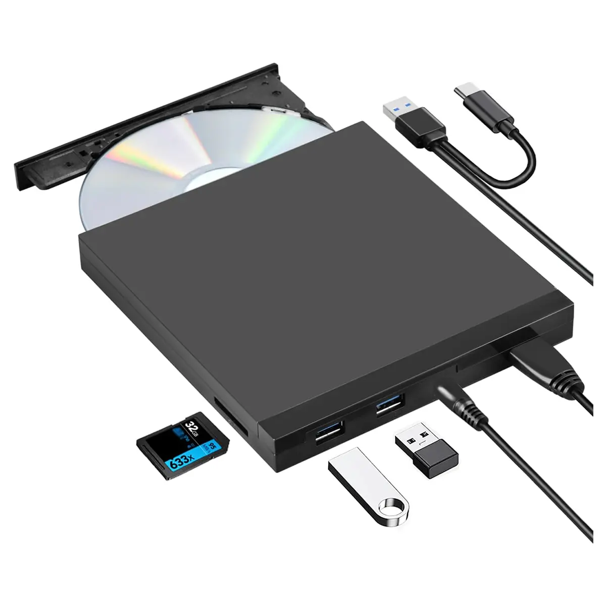 USB 3,0 и USB-C Портативный DVD & CD ROM +/-RW оптический дисковод проигрыватель записывающее устройство с 2 USB-портом и слотом для SD-карт для ноутбука