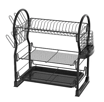 Prateleira de ferro pequeno, prateleira para secar louça em 3 andares, escorredor de pratos de cozinha com utensílios e suporte de copo