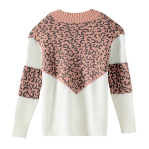 冬季女式休闲v领毛衣长袖豹纹拼色条纹针织套衫 - Product Image 2