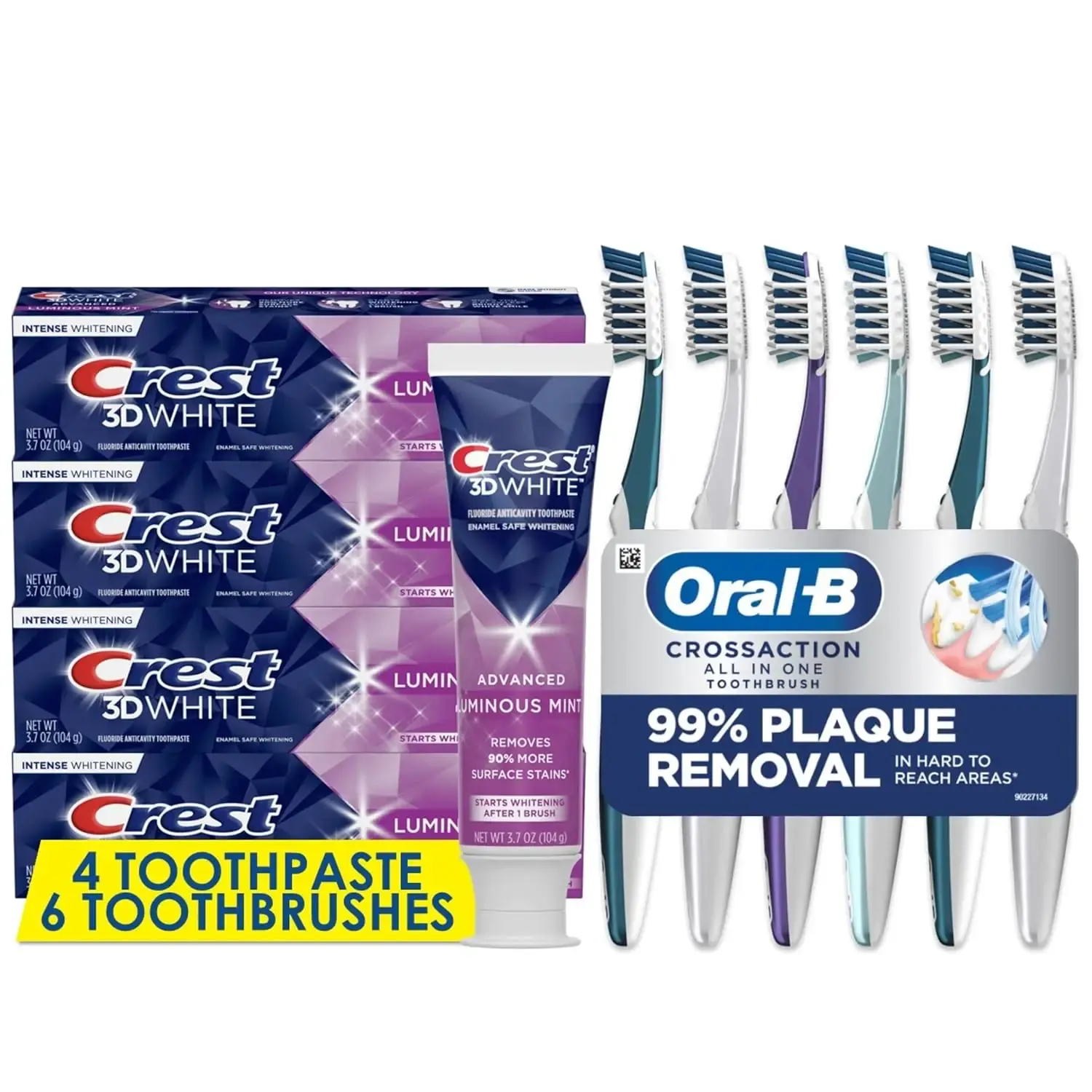 Oral-B CrossAction Soft Toothbrushes, Deep Plaque Removal (6 Count) + Crest 3D White Toothpaste 3.7 Oz (Pack of 4)